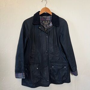 Barbour Beadnell Waxed Cotton Jacket Navy Plaid Lined Women’s US 6